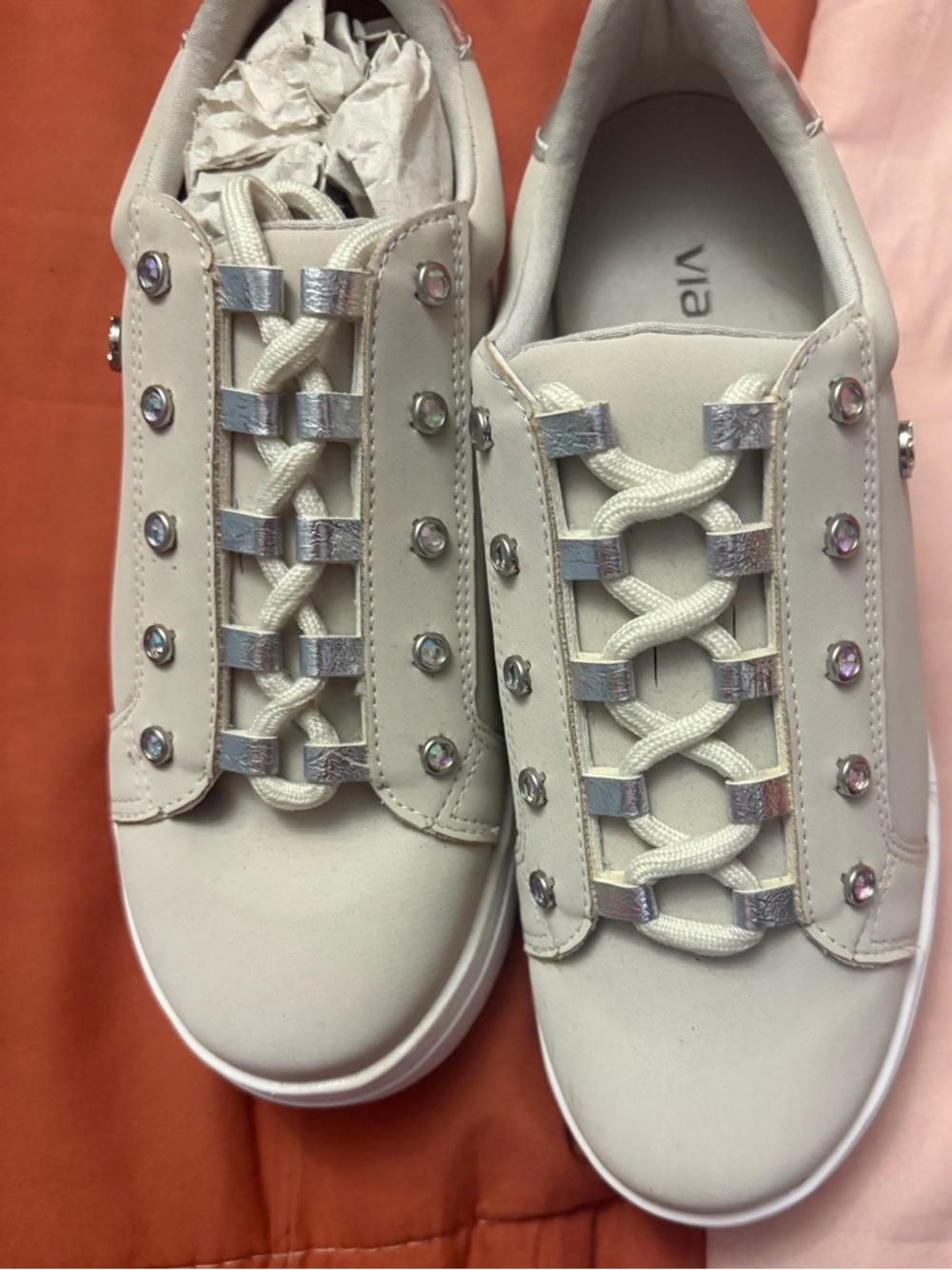 Beige Crystal-Stud Lace-Up Sneakers. Size 5.